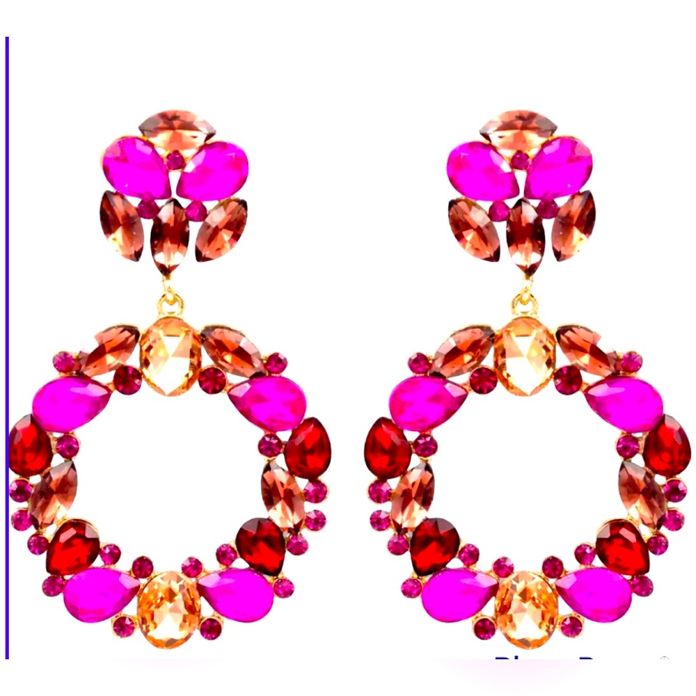 Magenta Pink Bling Hoop earrings Pageant Prom